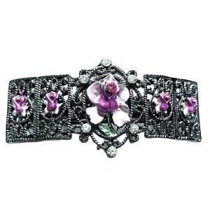 Antique Silver Tone Floral & Crystal Barrette